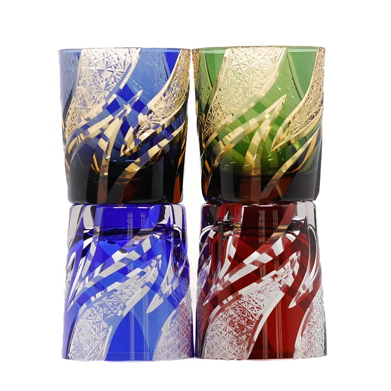 Kiriko Style Blue Clear Hand Carved Custom Color 250ml 8oz Japandi Design Drinking Glass for Wine Whiskey Sake & Cocktail
