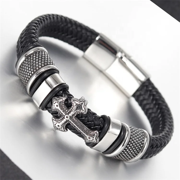 Punk Style Stainless Steel Cross Magnet Clasp Braided Genuine Leather Bracelet Pulsera Acero Inoxidable Hombre