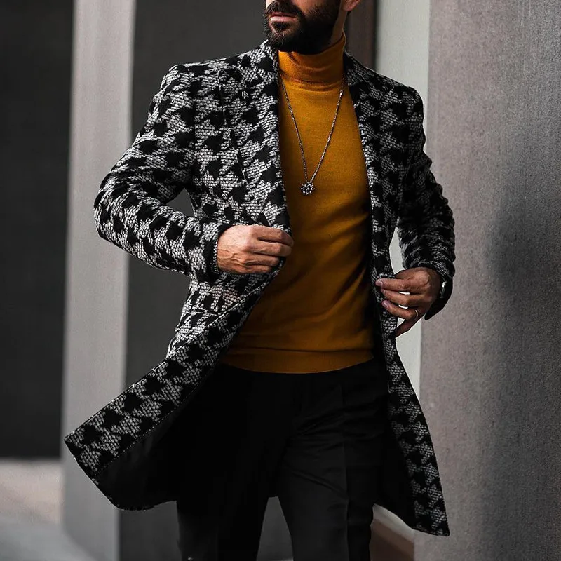 2022 Winter Men Medium Long Woolen Fashion Printed Suit Collar Single-breasted Overcoat Casual Coat For Men
