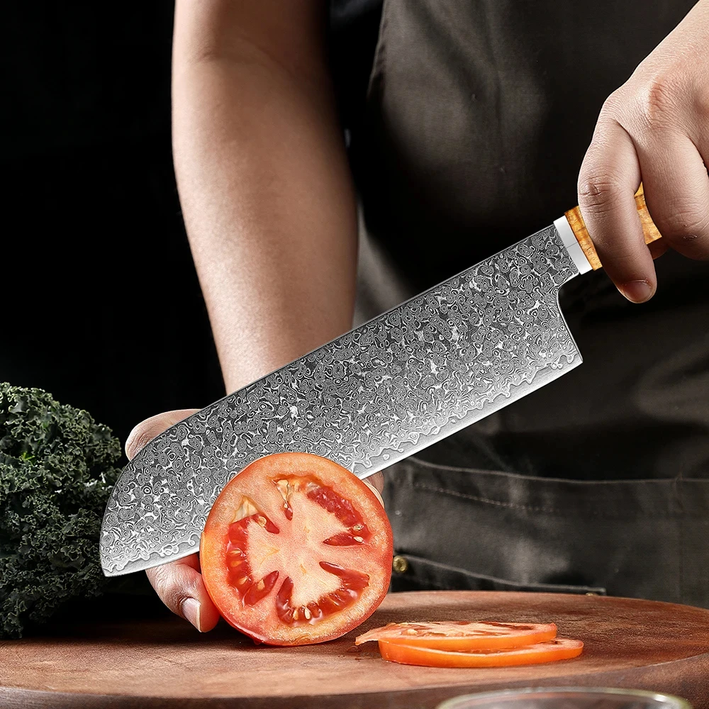 XITUO Professional Japanese Damascus Steel Kitchen Santoku Chefs Knife,Ergonomic Goldtone Handle,Super Sharp Chef Knives