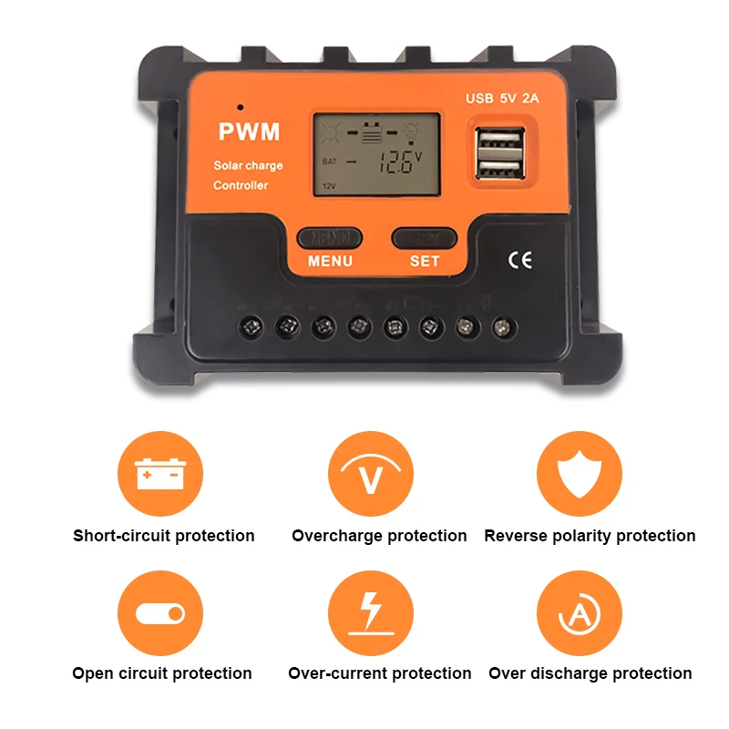 China manufacturer customized battery panel charger regulator dual usb car 10a 20a 30a 12v 24v 48v pwm solar charging controller