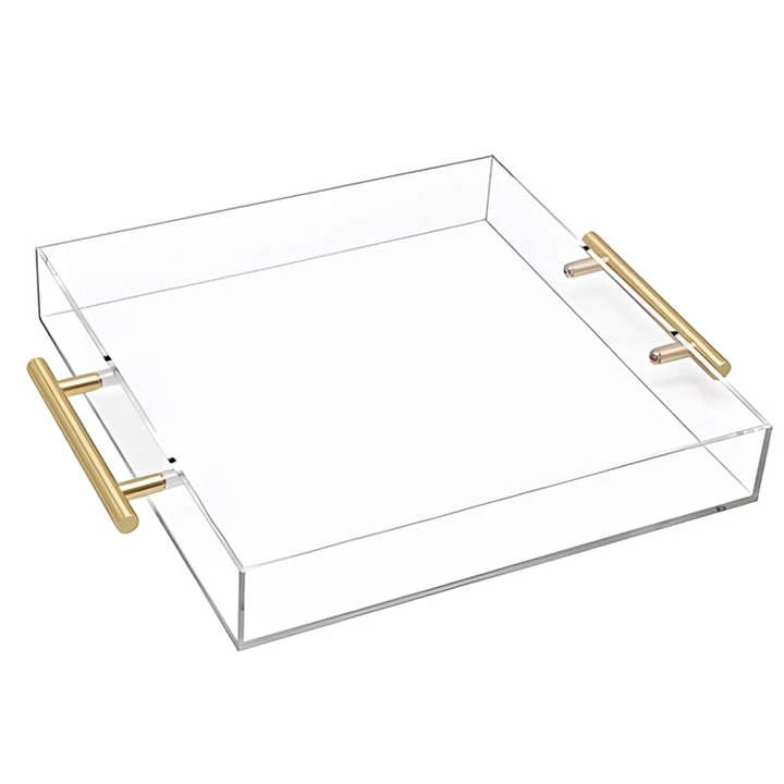 Custom Clear Acrylic Serving Tray with Gold Handle Spill Proof Acrylic Trays