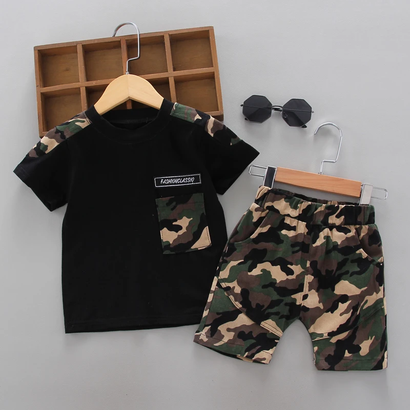 
wholesale summer baby boys clothes Two Piece cute camouflage casual kids wear print short-sleeve shorts boys clothing 