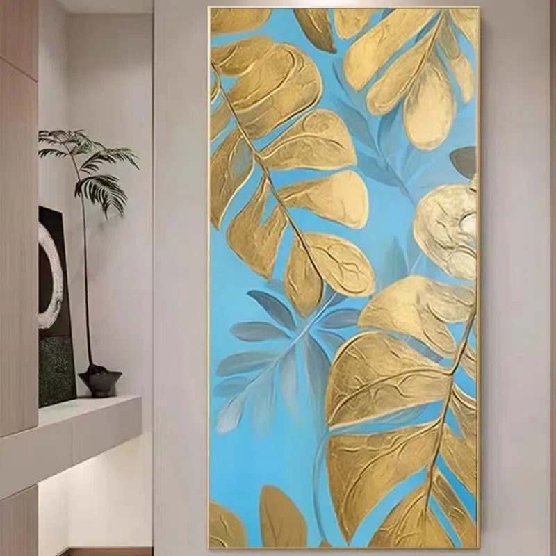 Luxury Abstract Golden leaf sky blue Landscape Acrylic Painting Floral Oil Painting Canvas Wall Art Decor for hotel lobby