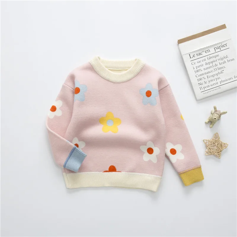Autumn Winter Kids Velvet Sweater Girls Baby Flower Thicken Pullover Knit Bottoming Shirt Wechat Dropshipping