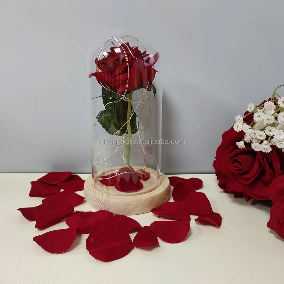 oem high quality competitive price enchanted eternal rose glass set preserved flower red rose with led lights in a glass dome