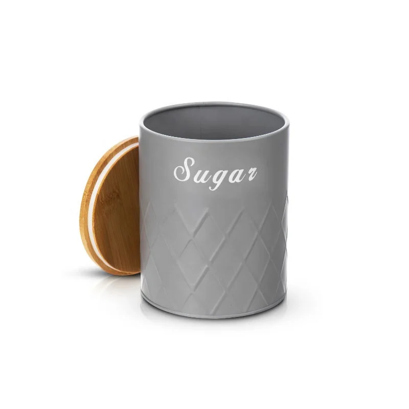 5pcs Kitchen Storage Set Airtight Bamboo Lids Grey Metal Container with Biscuit Barrel Canister Diamond Embossed Design