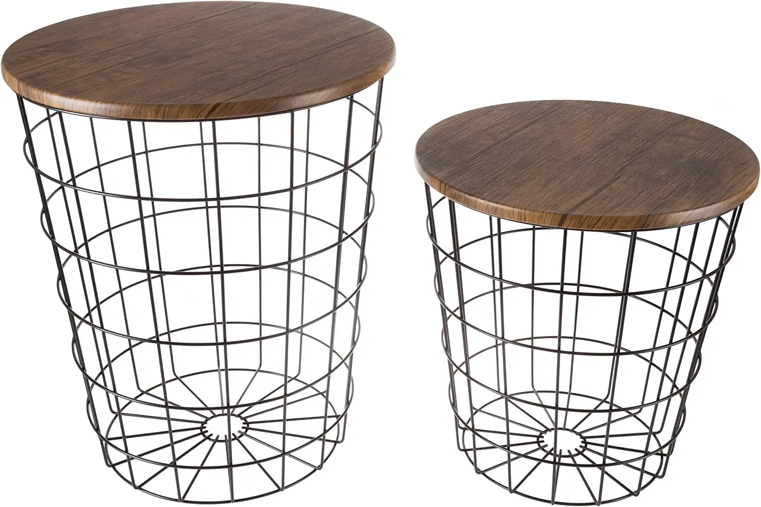 Nesting Wire Basket Base and Wood Tops Farmhouse Style Side Table Set of 2 Decorative Serving Baskets for Home Decor