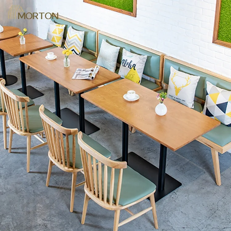 Wholesale restaurant furniture high quality rectangle wood top coffee shop cafe dining table with metal base