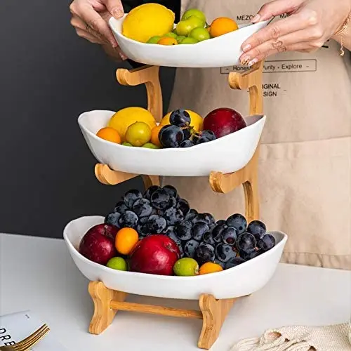 Large Capacity Dried Fruit Basket Display Stand Candy Snack Ceramic Dish 3 Tier Bamboo Shelves For Vegetable And Fruit