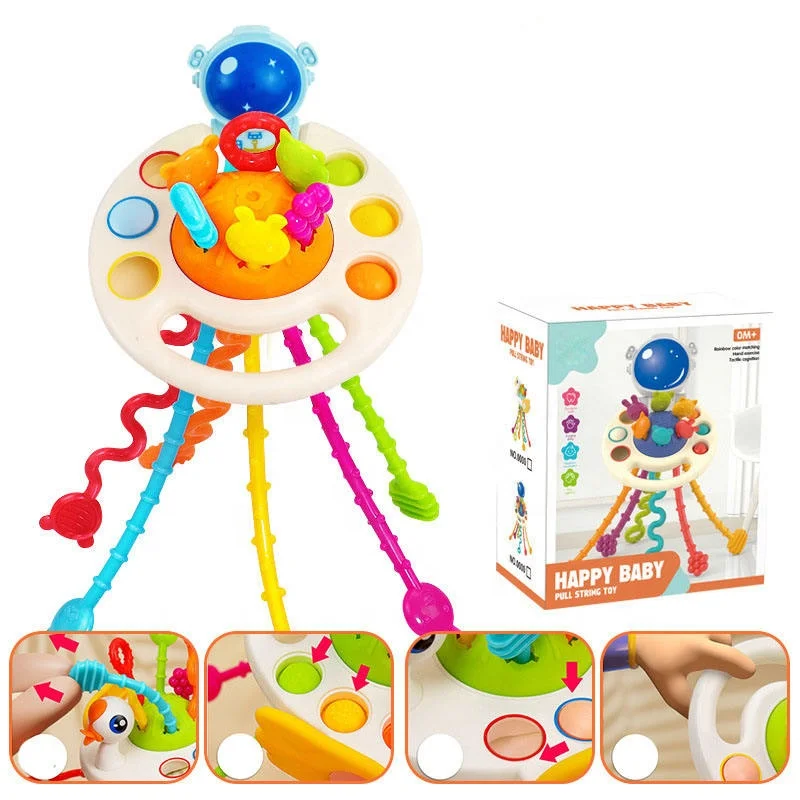 Toddlers Feeling Space Soft Silicone Pull String Multicolor Bell Educational Toy Baby Palm Teething Astronaut Sensory Toys