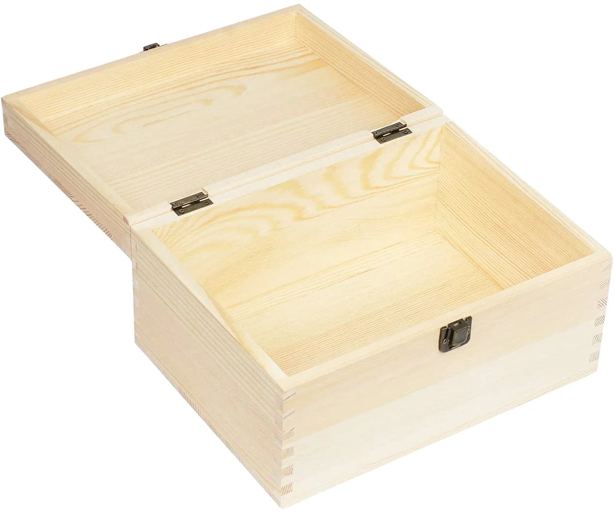 Rectangle Unfinished Pine Wood Box Natural DIY Craft Stash Boxes with Hinged Lid and Front Clasp for Arts Hobbies