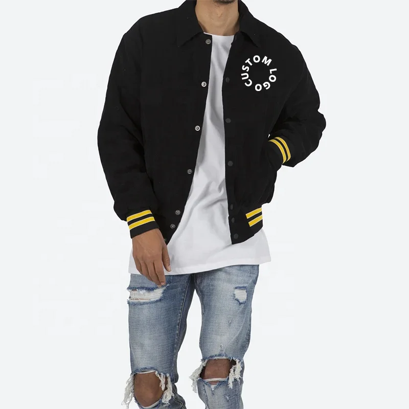 Wholesale Custom Logo Chenille Embroidery Patched Black Patchwork Corduroy Baseball Cotton Letterman Jacket For Men