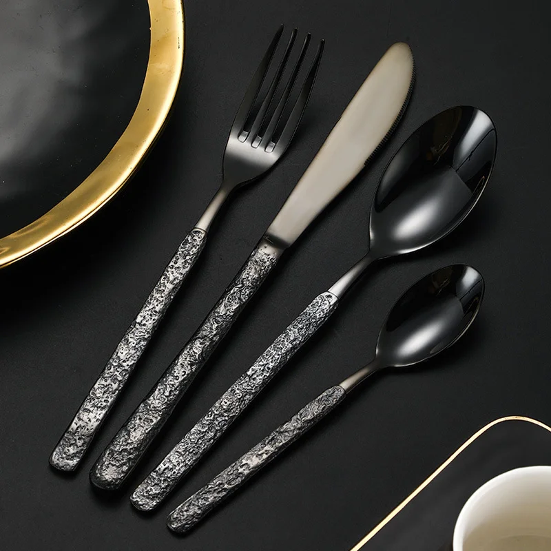 New Reusable Stone Pattern Handle Stainless Steel Flatware Knife Fork Spoon Gold Silverware Restaurant Cutlery Set