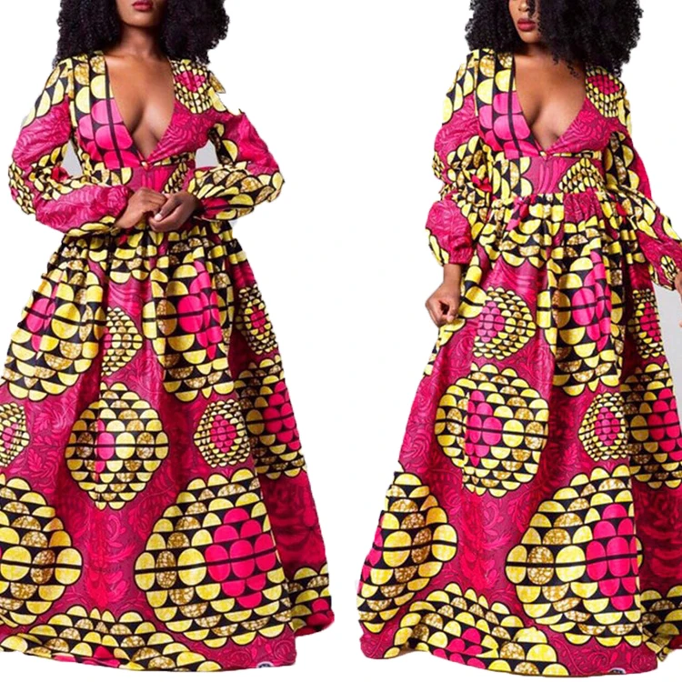 
Women African Printed Casual Maxi Skirt Skirt A Line Floral Printed Party High Waist Dresses With Long Sleeve 