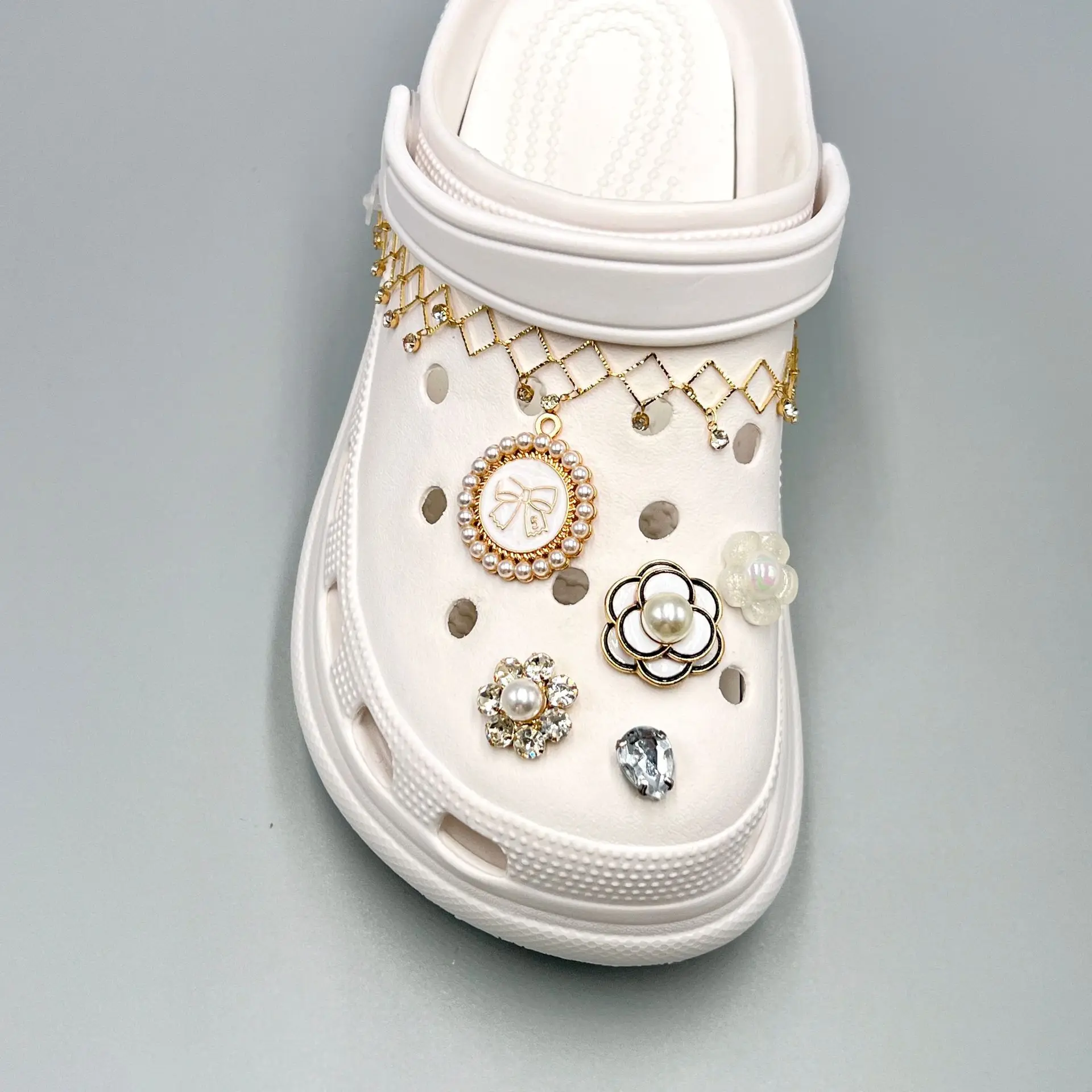 Classic Alloy Rhinestone Pearl Shoe Lace Charms Decoration For Clog Custom Metal Bling Croc Shoe Charms