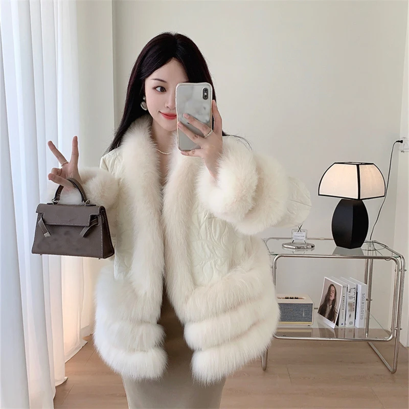 New arrival real fox fur trim down coat women fashion fur style winter jackets custom logo luxury lady fur coats