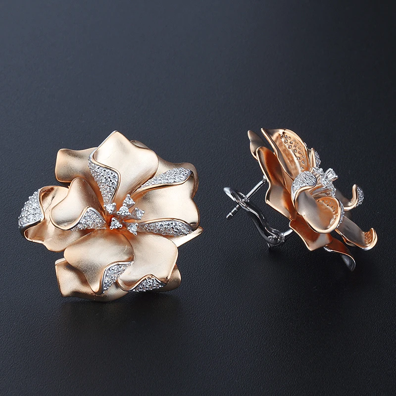 Wholesale Dubai Gold Jewelry Designer 925 Silver Zircon 18k Plated Matte Big Flower Statement Earrings Stud Arabic Women