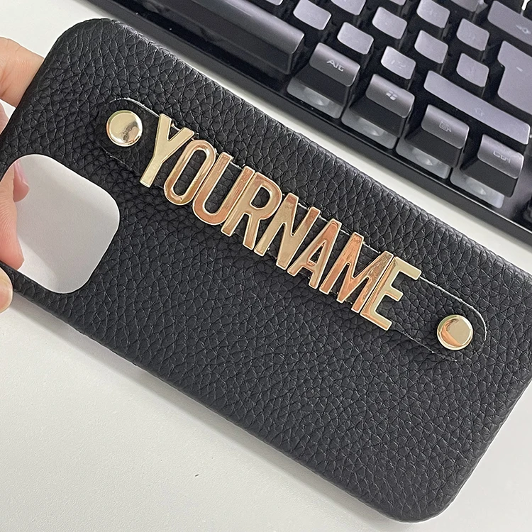 Holding Strap Metal Personalization Custom Initial Name Pebble Grain Luxury Real Leather Phone Case for iPhone 14