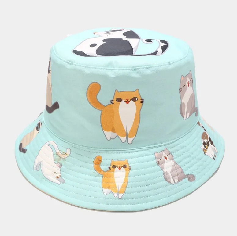 Japanese lovely cat print bucket hat summer outdoor students double-sided fishman hat
