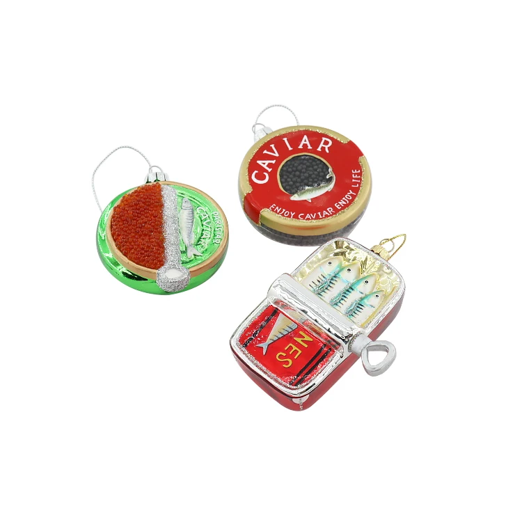 New Custom Dining Room Home Decoration Canned Fish Caviar Box Baubles Christmas Tree Glass Decorations