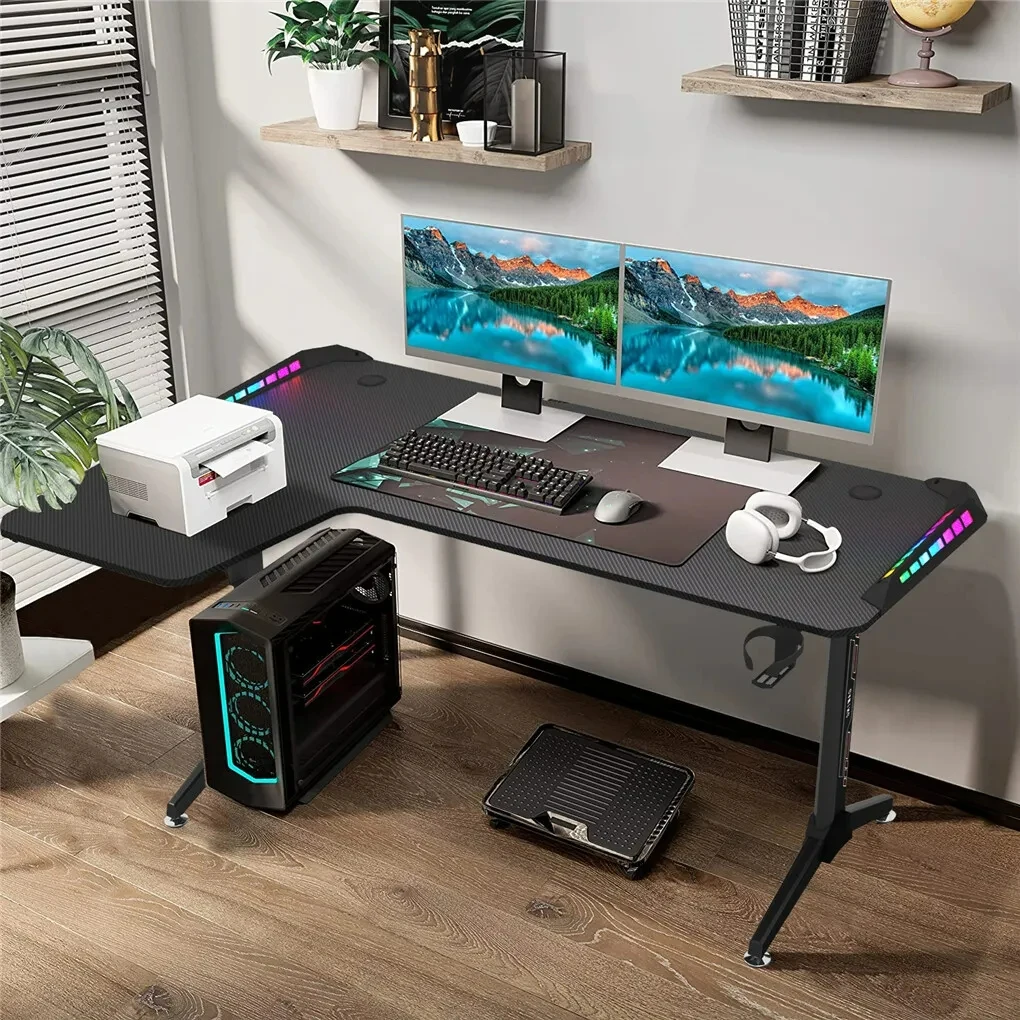 Corner L Shaped Gaming Desk Computer PC Workstation Writing Table with LED Light