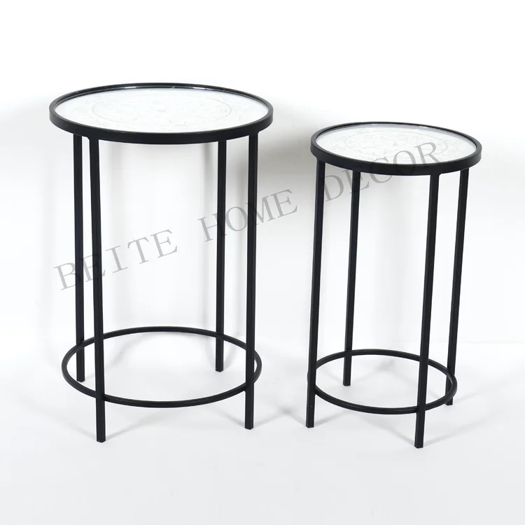 Living Room Modern Nesting Metal Coffee Side Table With Glass Top And Carved Board