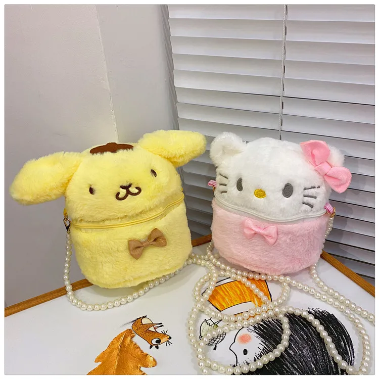 Cartoon Japanese Pearl Chain Diagonal Small Round Bag Cute Plush Soft Cute Girl Shoulder Bag Cartoon Storage Small Bag Wholesale