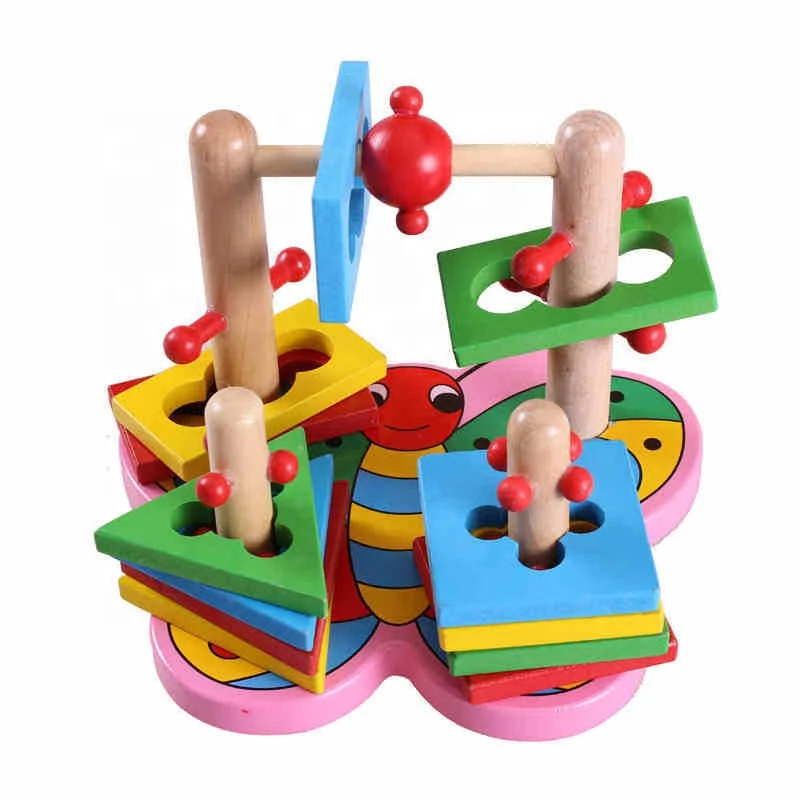 Hot sell wood baby stacker toy butterfly shape matching column educational toy wholesale
