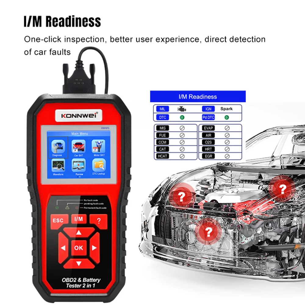 Latest KONNWEI KW870 car OBD2 diagnostic scan tool + battery tester for universal 12V cars