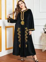 High Quality Abaya Flower Velvet Gold Thread Embroidery Muslim Dress Autumn Winter Abaya Dubai Black