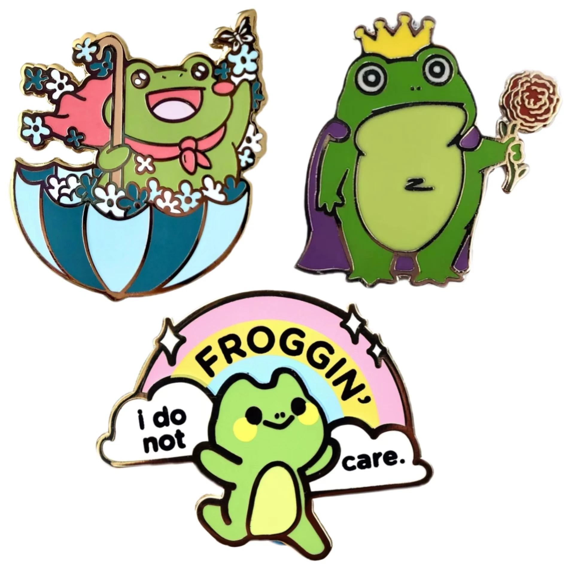 Happy Cartoon Frog Prince Frog Holding Rose Rainbow Frog Personal Designs Customized Fashion Hard Enamel Pins Factory Suppler