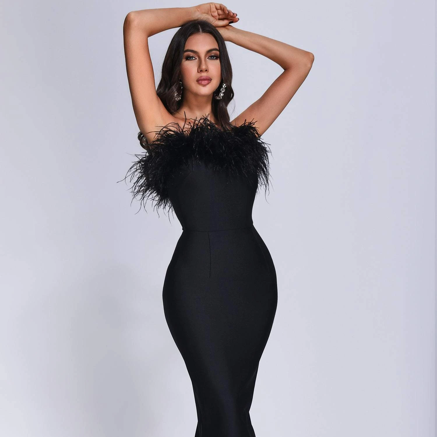 BEISHI Women Off Shoulder Bandage Bodycon Special Occassion Feathered Black Evening Formal Maxi Dress With Feathers