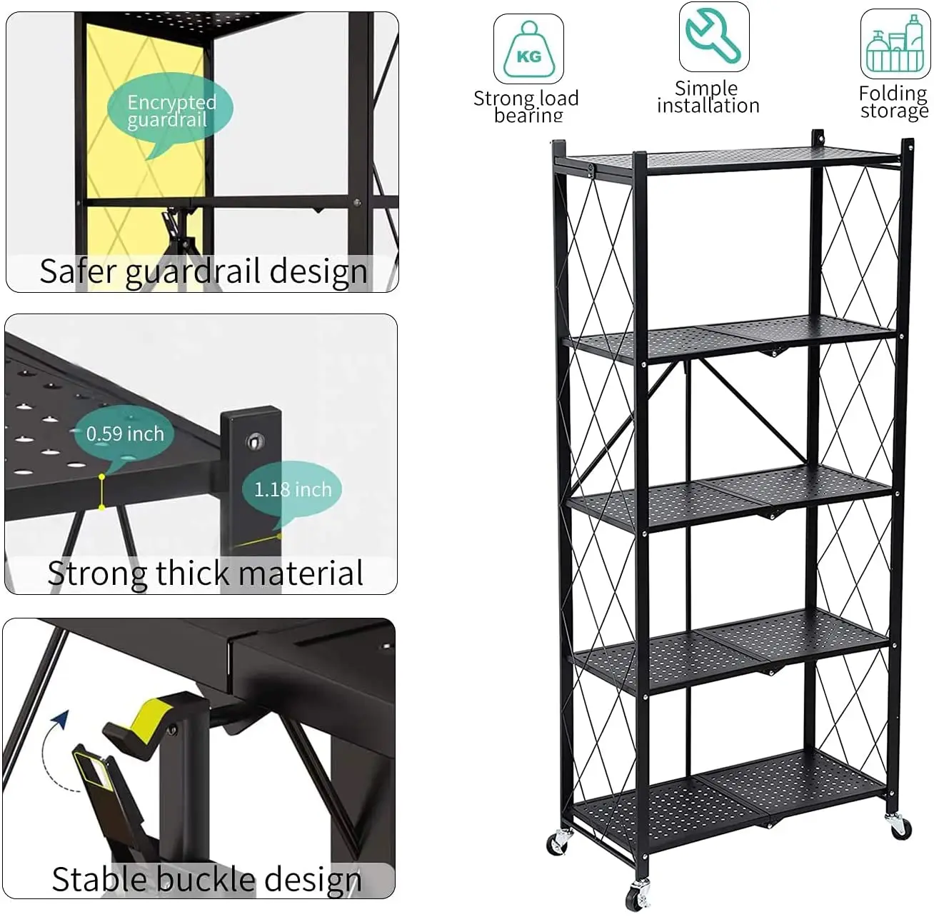 Metal Heavy Duty Storage Shelf  5-Tier Foldable free Standing Shelf Units Storage Rack with Wheels