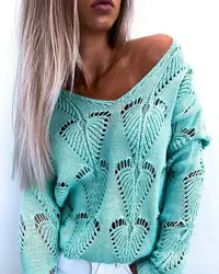 Fashion Women Autumn Winter Sweaters Hollow Out Design See Throough V-Neck Long Sleeve Solid Color Casual Loose Knitted Top