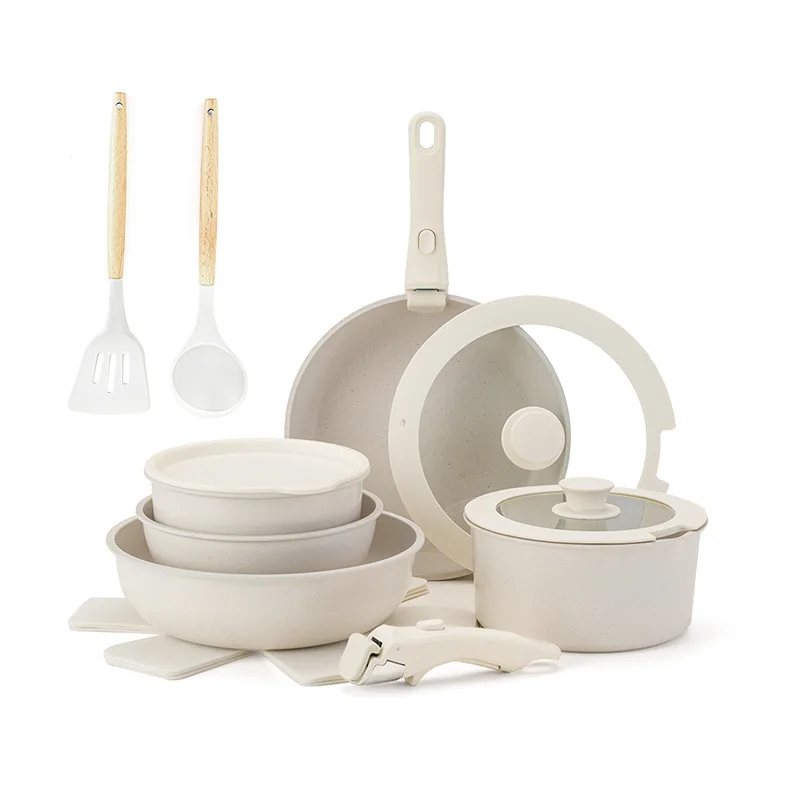 17 piece Soup Pot and Pan Set Silicone Kitchen Utensil Set Non Stick Pot Detachable Handle Safety of Gas and Induction Cooker