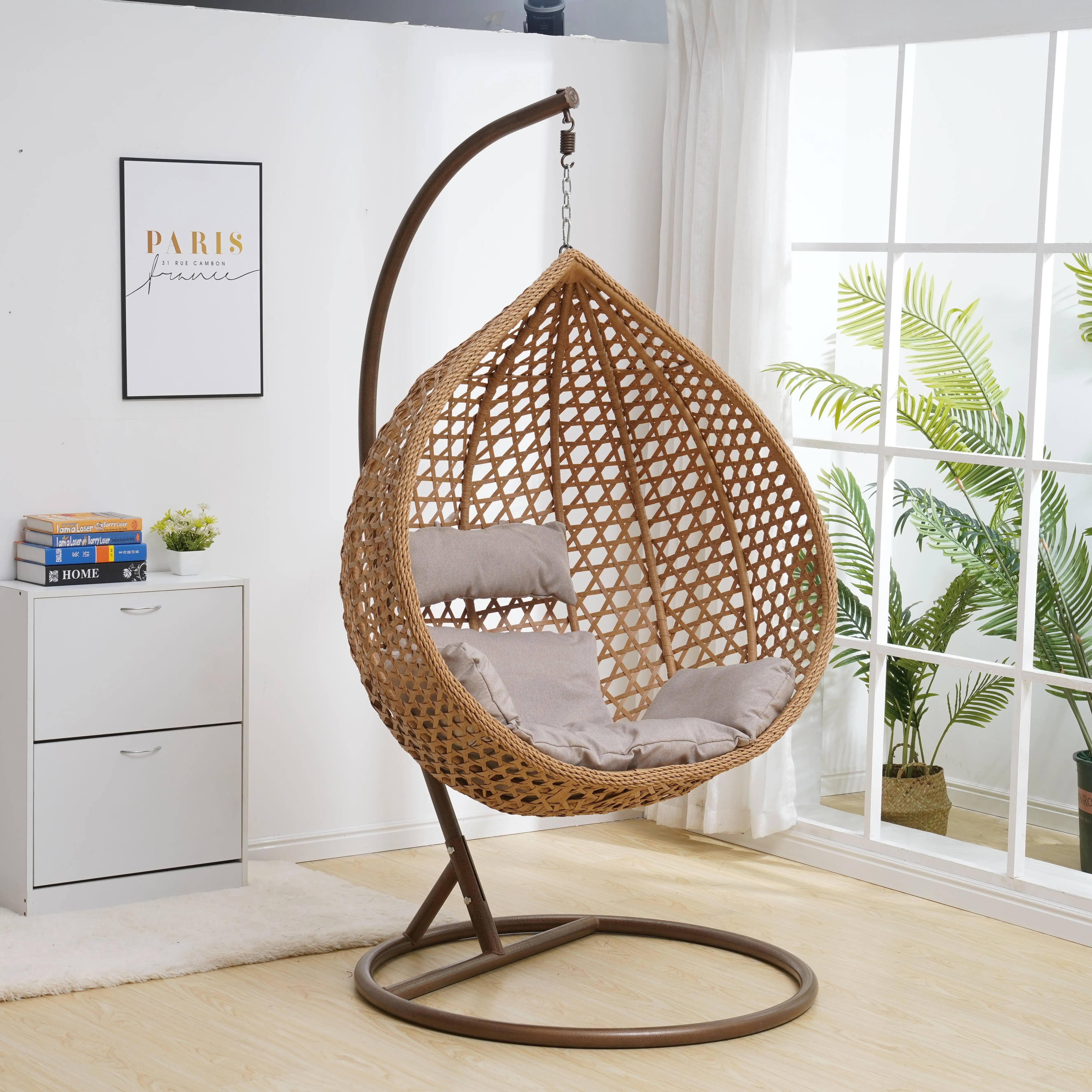 2022 Newest Outdoor Furniture Wicker Rattan Garden Patio Egg Swing Hanging Chair With Metal Stand