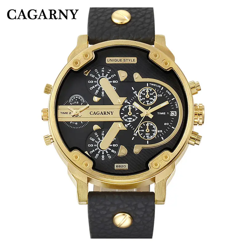 CAGARNY 6820 Luxury Brand Golden Watches Men Fashion 2 Time Zone Calendar Hot Quartz Stainless Steel Glass Waterproof Acrylic