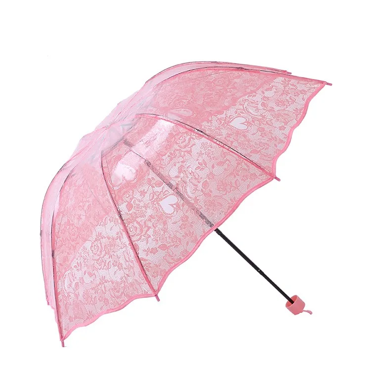 New launch Korean lace folding transparent love clear umbrella super thick protection folding umbrella heart lace umbrella