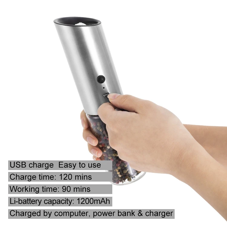 Gravity Automatic USB Rechargeable Stainless Steel Electric Salt and Pepper Grinder with LED light
