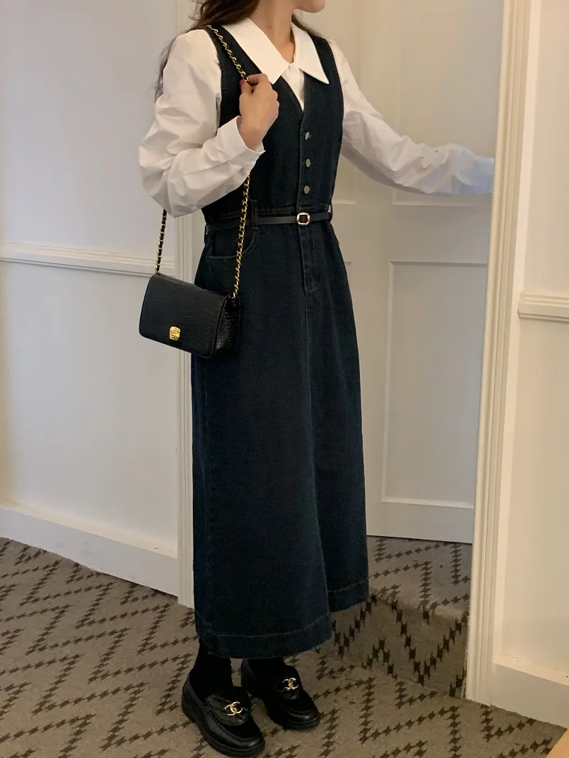 Droma Korean simple loose white shirt+washed denim V-neck single-breasted waist skirt jean two piece set for women