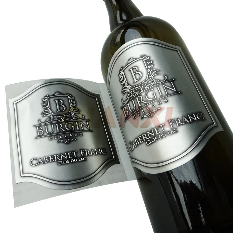 Custom printing silver gold foil embossed metal sticker red wine bottle label