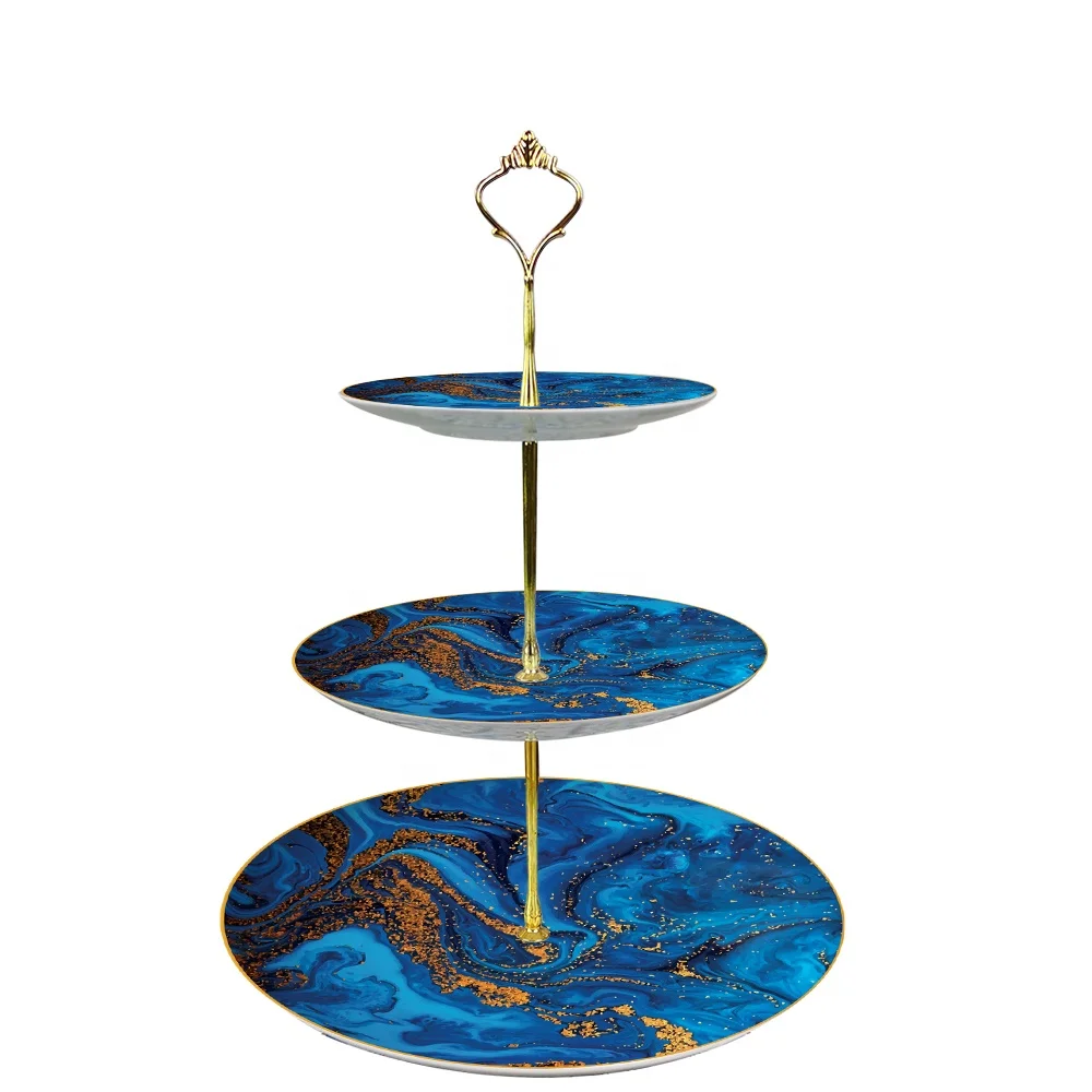 Wholesale new design fine bone china dinnerware sets, 10.5 inch blue marble ceramic dinner plates with gold rim