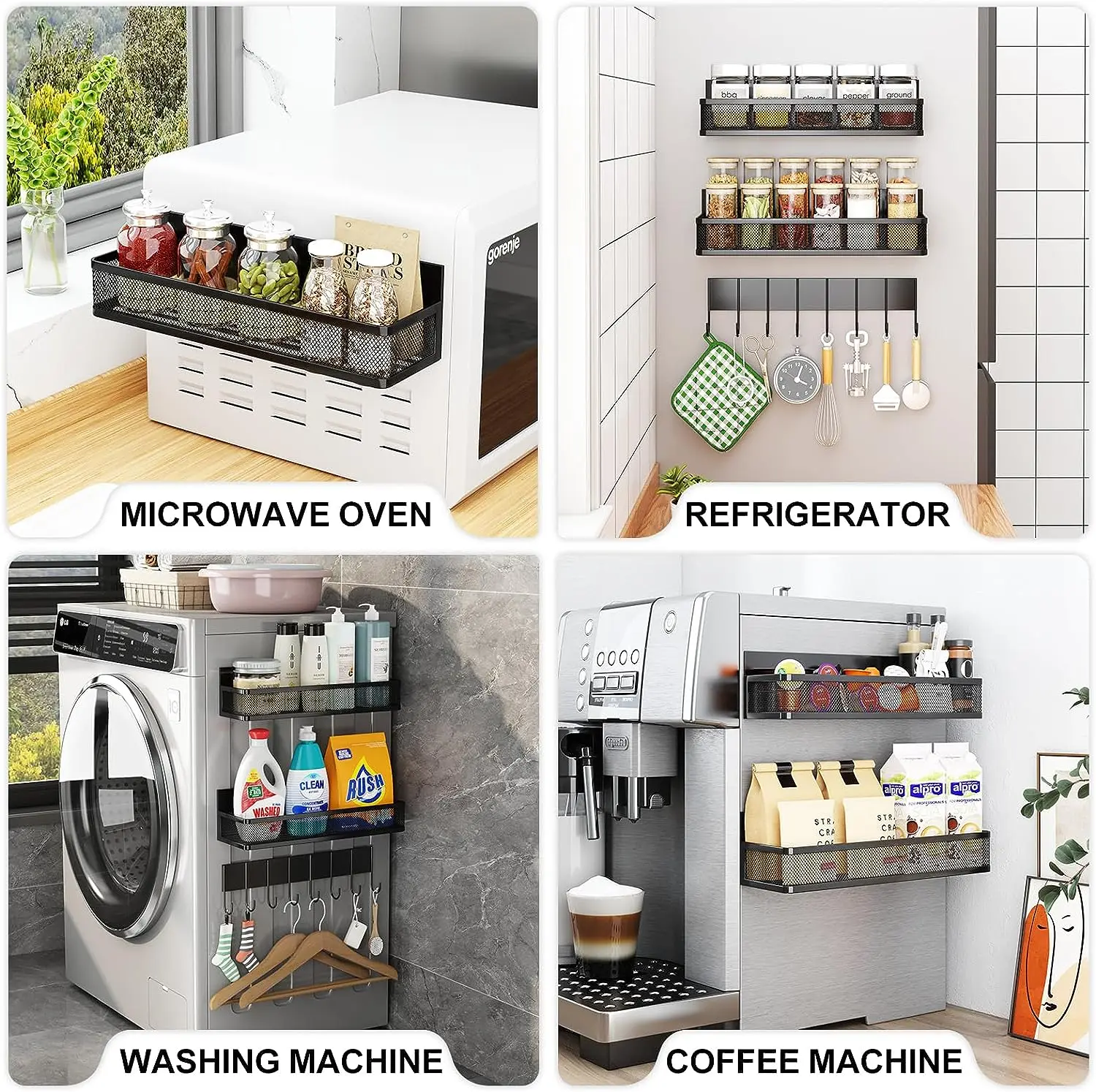 Kitchen Organization and Storage Kitchen 3 Pack  Moveable Magnetic Fridge Spice Organizer with 8-Hook Rack for Refrigerator