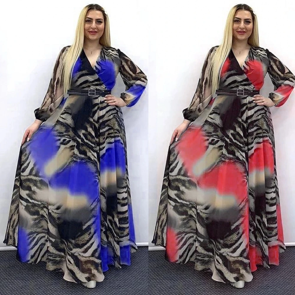 2021 summer ladies New Fashion Printed Dresses Long-Sleeved v-Neck Women clothing maxi Dresses with belt
