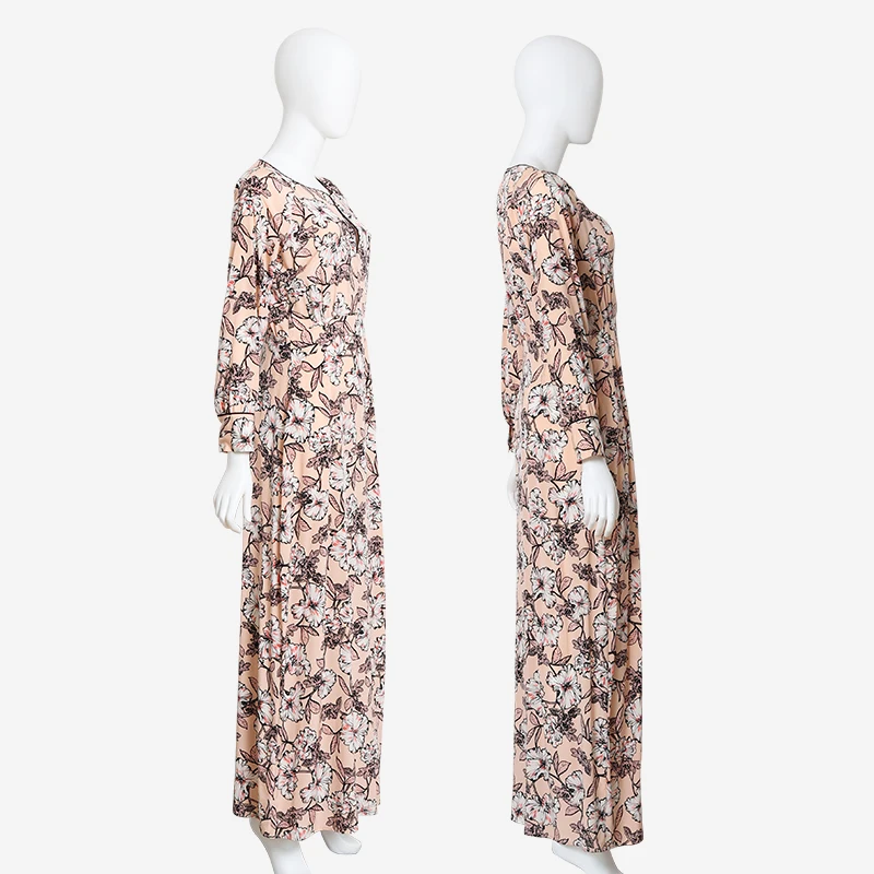 Factory hot sale custom printed button neckline long sleeve wholesale silk long dress