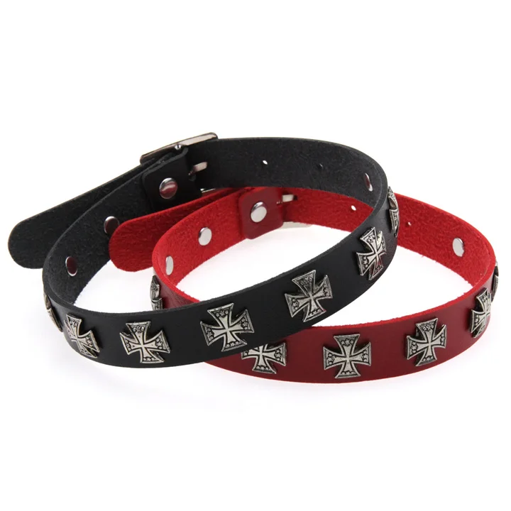 W.E. Retro Dark Punk Gothic Cross Nail Choker PU Leather Clavicle Necklace
