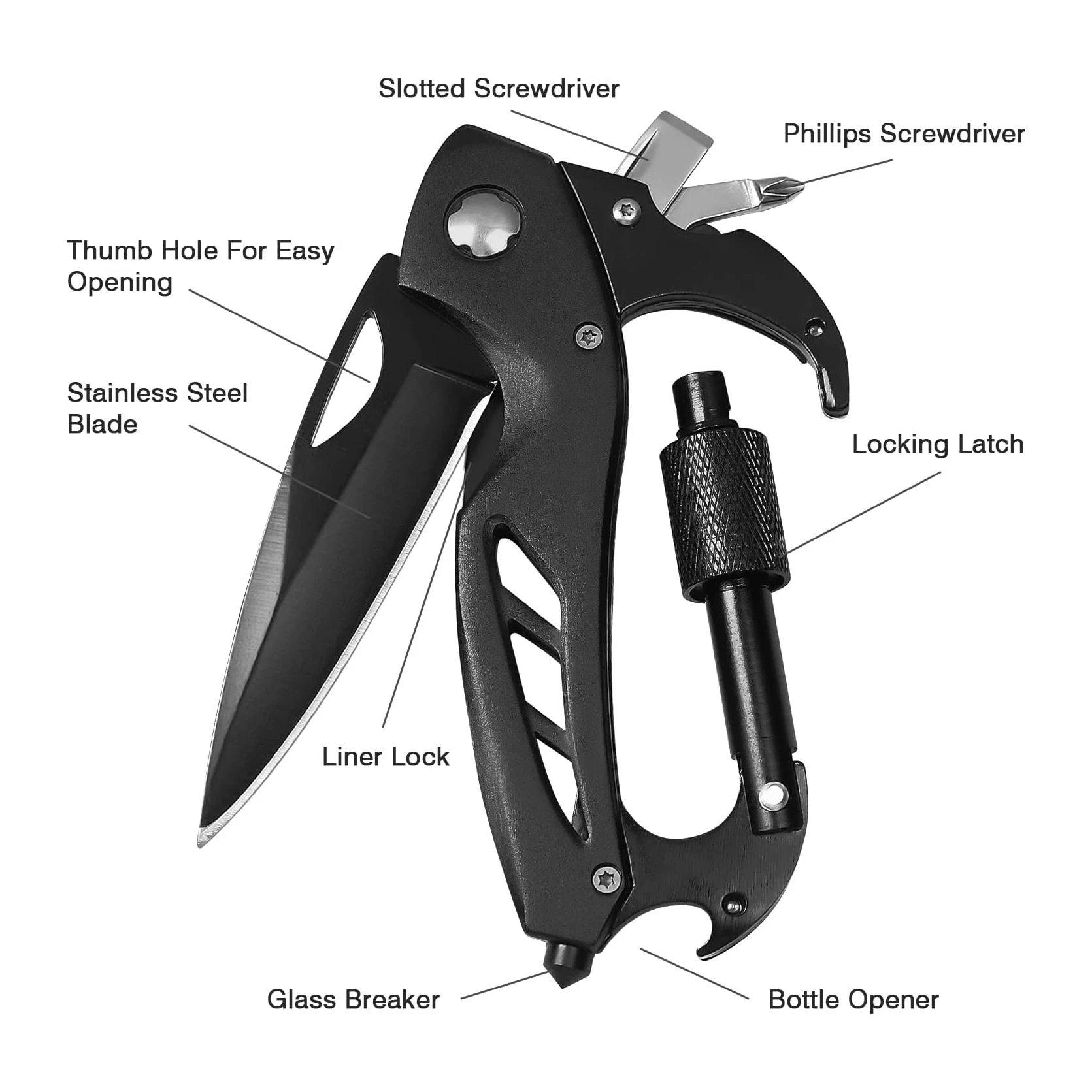Multitool Carabiner with Pocket Knife EDC Carabiners Keychain with Folding Knives Bottle Opener Window Breaker and Screwdriver