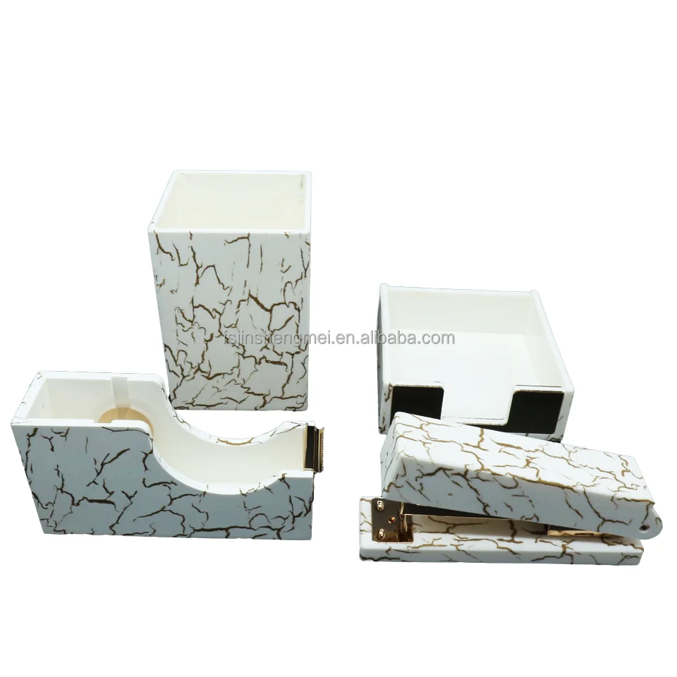 Modern 4-in-1 Acrylic Marble Art Stationery Set Corporate Business Office School Use Includes Stapler Pen Holder Staple Remover