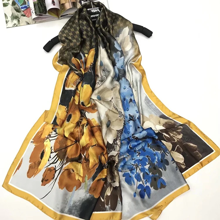 Flower color Satin Silk Smooth Long Square Neck Scarf Ladies Scarves 90*195cm Wholesale